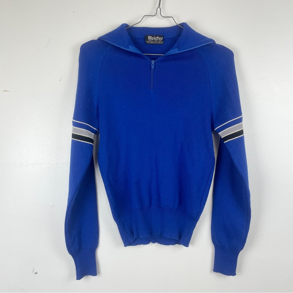 70s Ski Sweater Blue Black Zip Up Sweater Striped 100% Wool Made in Hong Kong